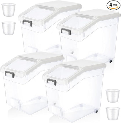 Sunnyray 4 Pcs Rice Storage Container 38 lb Flour Container with Wheels Measuring Cup Clear Pet Food Bin Dog Birds Cat Food Bin Grain Cereal Organizer Box for Dry Baking Supplies(White Lid)