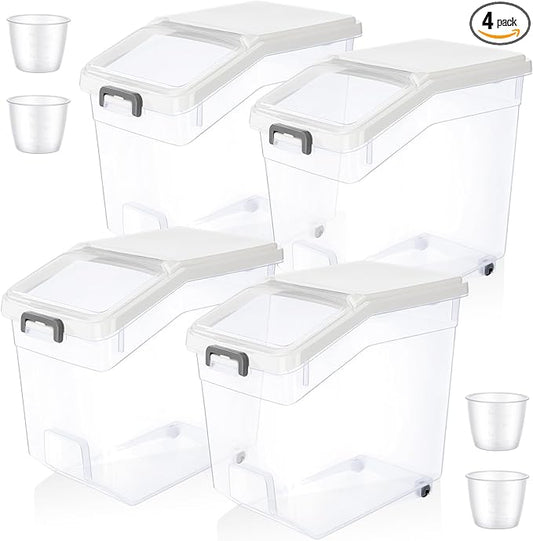 Sunnyray 4 Pcs Rice Storage Container 38 lb Flour Container with Wheels Measuring Cup Clear Pet Food Bin Dog Birds Cat Food Bin Grain Cereal Organizer Box for Dry Baking Supplies(White Lid)