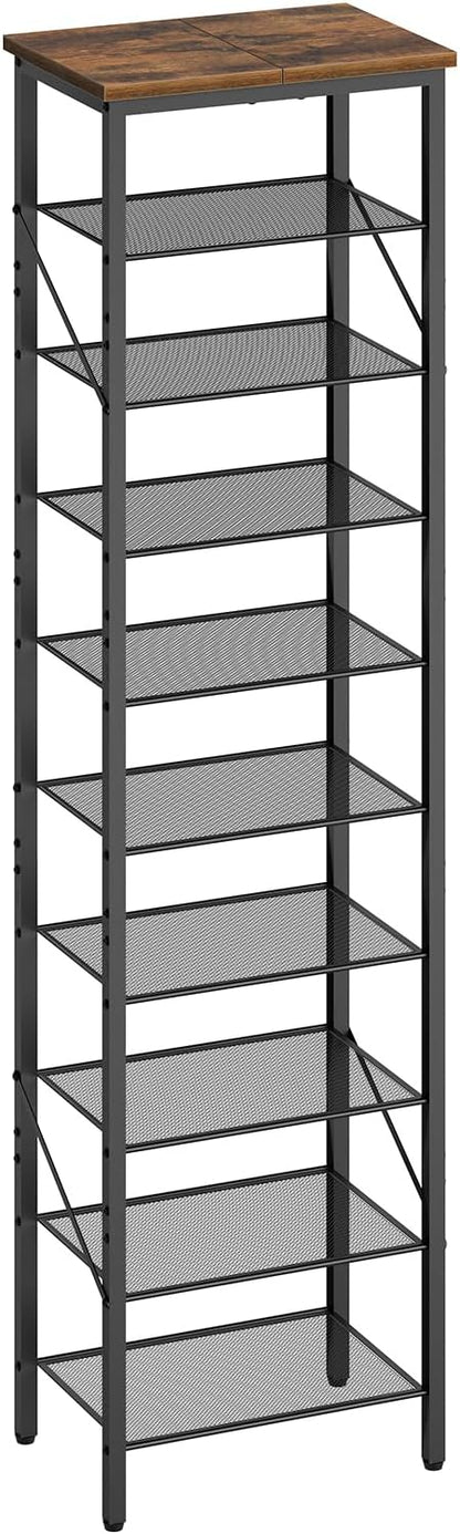 10-Tier Narrow Shoe Rack, Vertical Shoe Storage Organizer, for 12-24 Pairs, Shoe Shelf with Metal Frame, for Hallway, Entryway, Living Room, Rustic Brown and Black SRHR11401