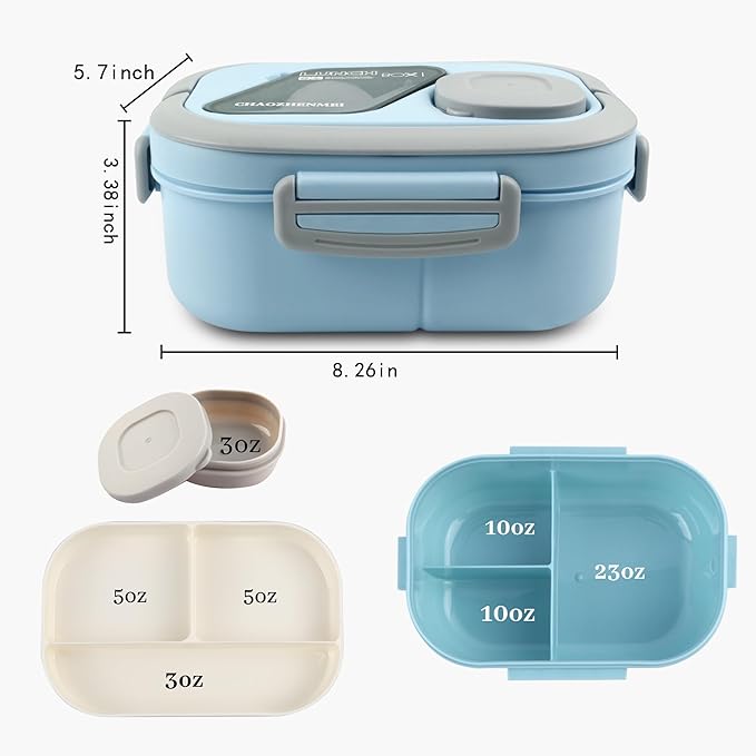 Adults Bento Lunch Box,Salad Container Large 43oz Salad Bowl, Bento-Style Tray for Toppings, 3oz Sauce Container for Dressings, and Built-In Reusable Fork (Blue)