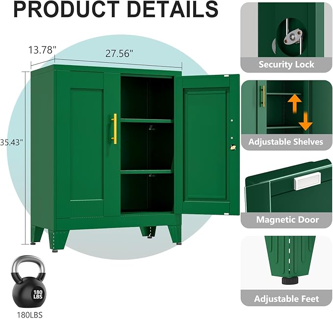 35.43" Metal Storage Cabinet with Lock, Metal File Cabinet with 2 Doors ＆ 2 Adjustable Shelves, Steel Locker Utility Tool Garage Cabinets for Home, Office, Warehouse (Green)