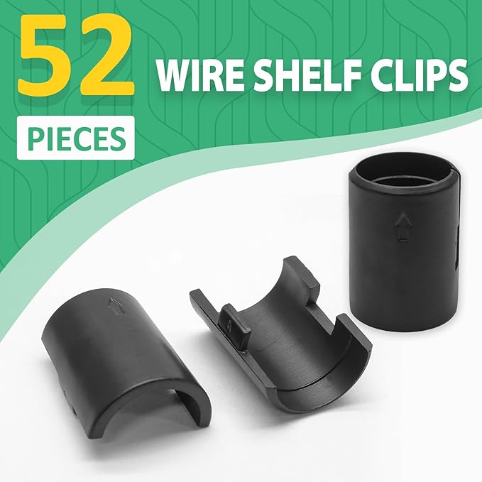 Luomorgo 52 Pcs 7/8 Inch Wire Shelf Clips, Plastic Shelf Lock Clips for 7/8" Post Shelving, Heavy Duty Wire Shelving Clips Replacements for Shelves, Racks (Black)