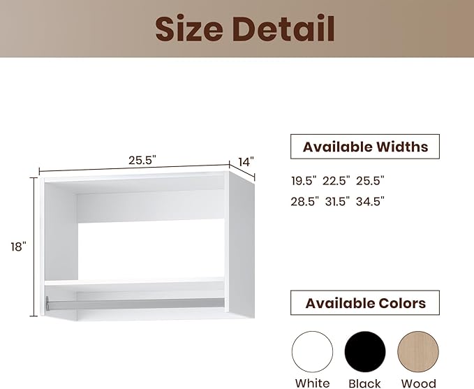 ROOMTEC 25.5" Tall Hanging Closet Unit, Modular Closet System with Hanging Rod, Wardrobe Organizer for Bedroom or Walk-in Closet, Wall Mounted, Customizable Clothes Storage Unit, White