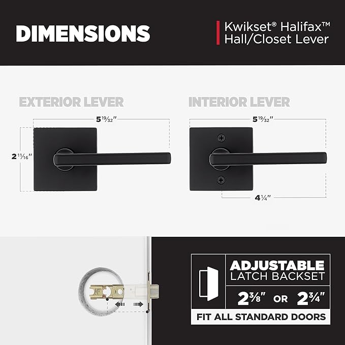 Kwikset Halifax Interior Passage Door Handle, Lever For Closet and Hallway Doors, Reversible Non-Locking Handle Lever, Matte Black, with Microban Protection, Square Rose