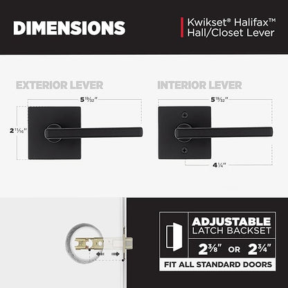 Kwikset Halifax Interior Passage Door Handle, Lever For Closet and Hallway Doors, Reversible Non-Locking Handle Lever, Matte Black, with Microban Protection, Square Rose