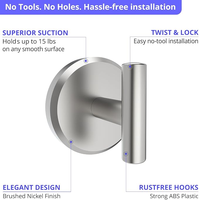 HOME SO Suction Cup Hooks for Shower & Bathroom Towel Holder 2-Pack – Suction Cups Hooks for Hanging Towels, Robes, & Coats - Tiles, Glass Door or Mirror – Shower Hooks & Towel Hooks - Nickel T-Shape