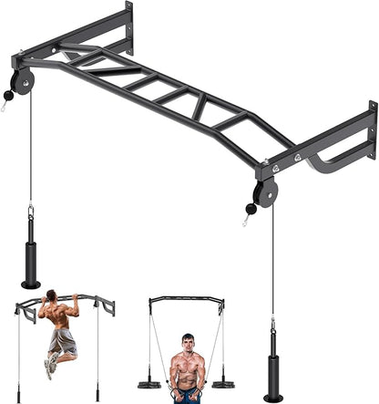 SELEWARE 48'' Heavy Duty Pull Up Bar Wall Mount Multi-function Chin up Bar with Home Gym Cable Pulley System LAT Pulldown Workout Attachments Heavy Bag Hanger