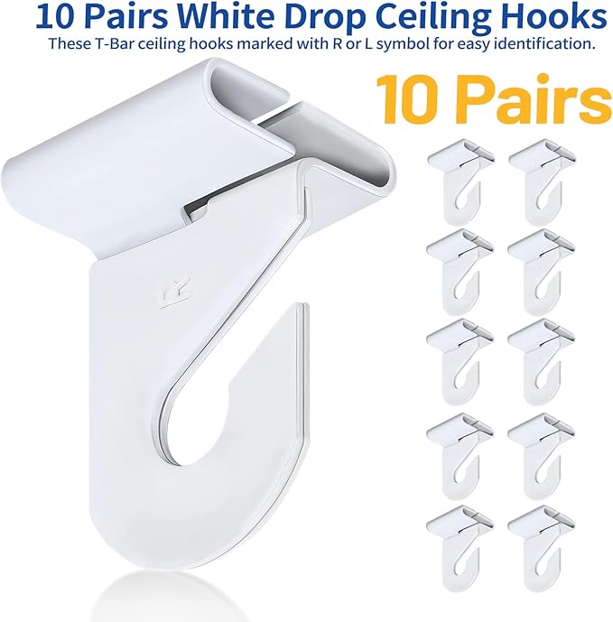 Wakhow 10 Pairs Drop Ceiling Hooks for Hanging, Suspended Track Ceiling Tile Clips, Ceiling Grid Hangers for Decorations from Classroom, Office, Home, Wedding, Hold Up to 20 lbs, 1" W X 1½" H