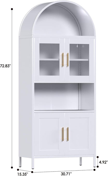 Metal Arched Pantry Cabinet with Glass Doors, Tall Arched Kitchen Pantry Cabinet for Kitchen Home Living Room,White,Required Assembly