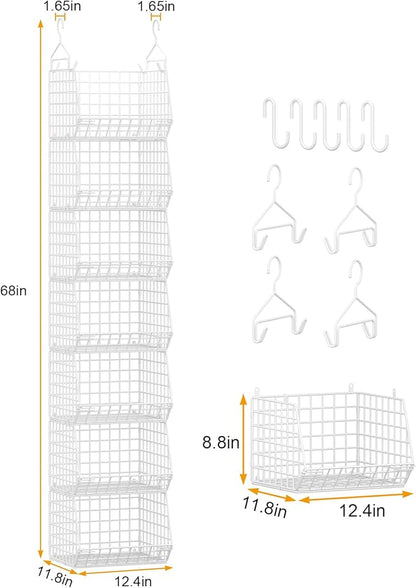 7 Tier Hanging Closet Organizer and Storage, Foldable Wire Closet Shelving with 4 Large Hooks+5 S Hooks,Hanging Basket for Clothes Sweaters Shoes Handbags,Wardrobe Kitchen Laundry Room-White