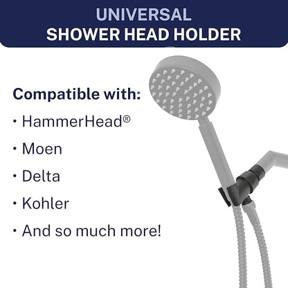 HammerHead Showers® Solid Metal Handheld Shower Head Holder - Matte Black - Adjustable Shower Wand Holder with Universal Wall Hook Bracket and Brass Pivot Ball - Hand Held Shower Head Holder