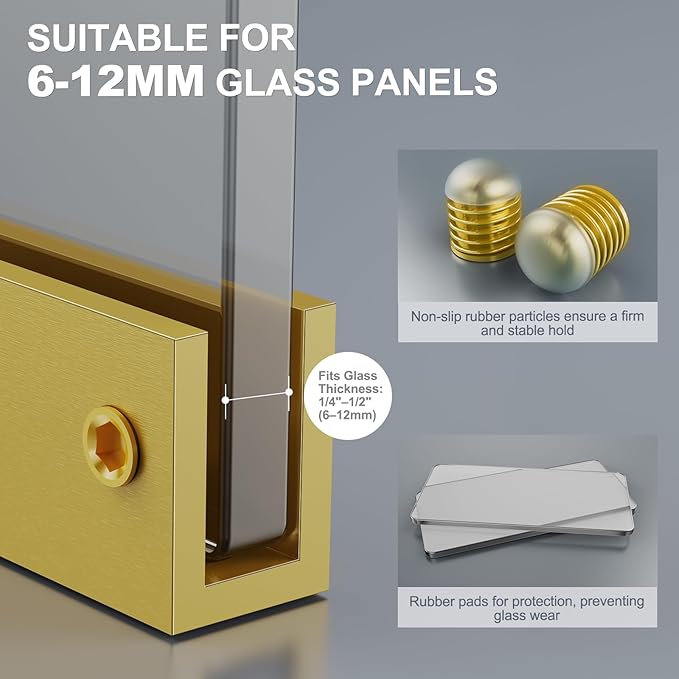 Ranbo 2 Pcs Solid Brass Glass Shelf Brackets, Heavy Duty 4mm Thick Design，for 1/4" to 1/2" Frameless Glass Panels, Wall Mount Support Clips for Shower and Shelves, Brushed Gold