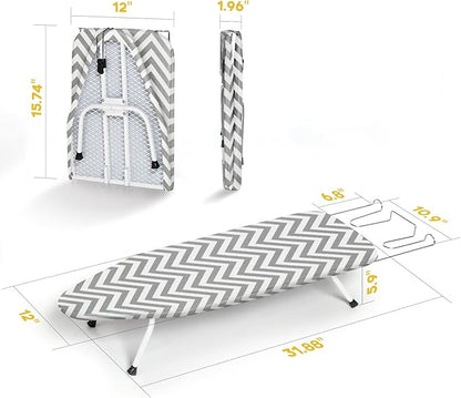 Folding Ironing Board for Small Space, RAINHOL Mini Collapsible Ironing Boards, with Hook, Iron Rest, Heat-Resistant 100% Cotton Cover and Pad, Gray and White Stripes, 31" x 12", Steel Mesh