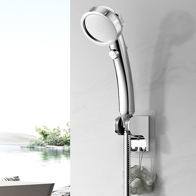 HANLIAN Strong Adhesive Handheld Shower Head Holder Without Drilling, 50° Adjustable Shower Wand Holder Wall Mount with Hooks, Waterproof Hand Held Showerhead Bracket with Hanger(Chrome, 1 Piece)