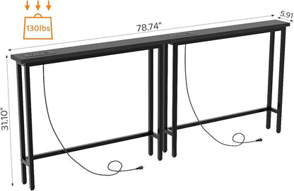VINGLI 79" Console Table with Charging Station, 5.9" Narrow Sofa Table Set of 2, Entryway Table with Power Outlet & 4.9 Ft Extension Cord & Adjustable Feet, for Living Room, Hallway, Black