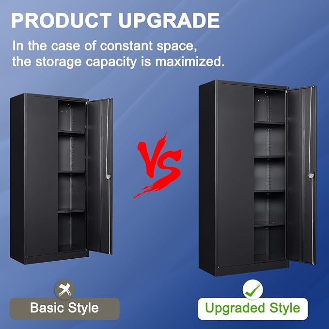 Metal Storage Cabinet with 2 Doors and 4 Adjustable Shelves, 71'' Steel Garage Cabinet, Locking Tool Cabinets for Office, Home,School,Kitchen,Garage Utility Black