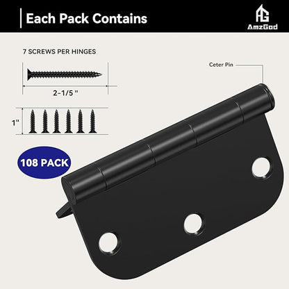Door Hinges Matte Black - 108 Pack Black Door Hinges 3.5 Inch Rounded Interior Door Hinge with 5/8" Radius Corners - Black Hinges for Doors 3 1/2 Inches Flat Iron Residential Door Hardware