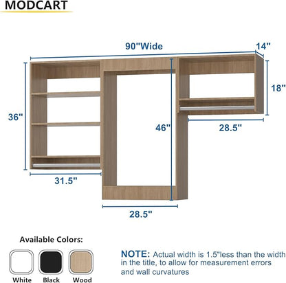 Modular Closet Organizer, 90" Wide, Wood Tower Storage with Hanging Shelves, Wall Mounted for Bedroom
