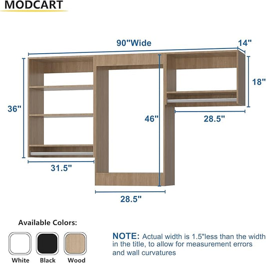 Modular Closet Organizer, 90" Wide, Wood Tower Storage with Hanging Shelves, Wall Mounted for Bedroom