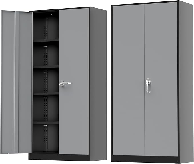 Greenvelly Metal Storage Cabinet with Doors and Shelves, 72" Inch Locking Metal Cabinet,Garage Storage Cabinet for Garage Office School Warehouse (Black Gray)