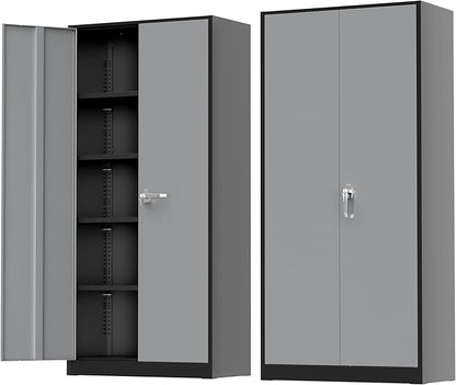 Greenvelly Metal Storage Cabinet with Doors and Shelves, 72" Inch Locking Metal Cabinet,Garage Storage Cabinet for Garage Office School Warehouse (Black Gray)