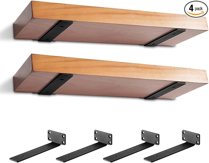 Heavy Duty Shelf Bracket 4 Pack, Floating Shelf Brackets 12 inch Long, Brackets for Shelves, Black Coated Metal Wall Shelf Support Brackets（1/5"-Thick）