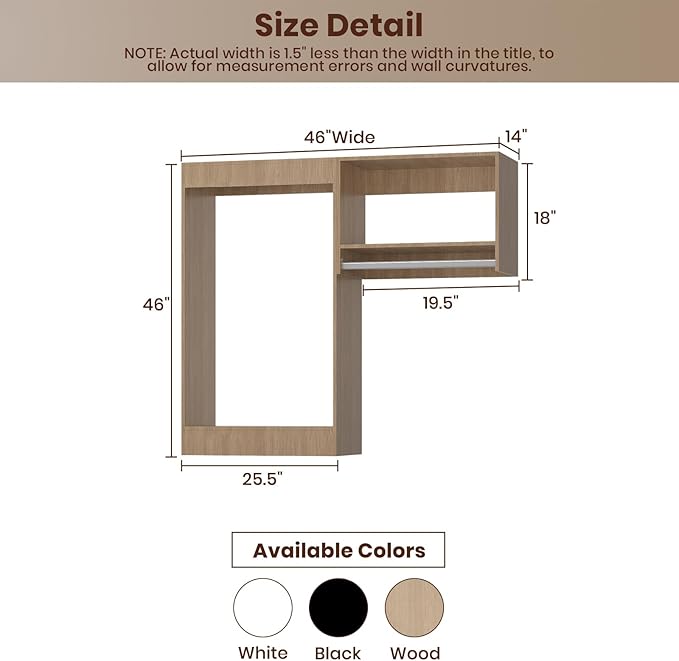 ROOMTEC Modular Closet System, 46" Wall-Mounted Closet Organizer with Hanging Rods, Wooden Tower for Walk-In Closets, Wardrobe Storage Kit, Wood
