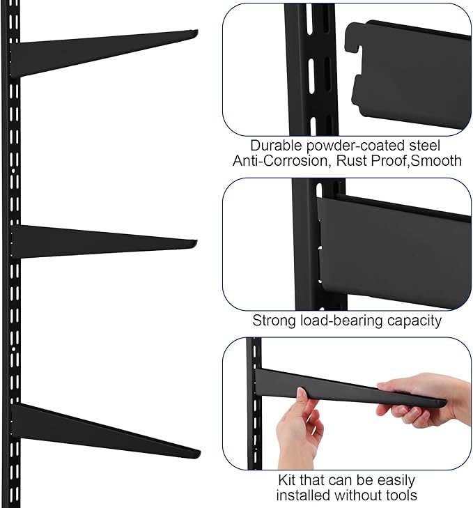 4 Pcs Twin Rail Upright Wall Shelving System 47. 5 Inch with 12 Pcs Shelf Bracket Heavy Duty Adjustable Storage Rack Metal Support System for Kitchen Closet Home Indoor(Black)