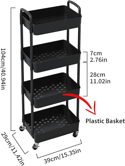 Sywhitta 4-Tier Plastic Rolling Utility Cart with Handle, Multi-Functional Storage Trolley for Office, Living Room, Kitchen, Movable Storage Organizer with Wheels, Black