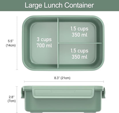 Caperci Classic Bento Box Adult Lunch Box for Older Kids - Leakpoof 47 oz 3-Compartment Lunch Containers for Adults and Teens, Built-in Utensil Set, Ideal for On-the-Go Balanced Eating,Khaki Green