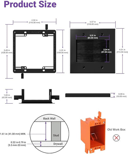 VCELINK 2 Gang Brush Wall Plate (Black, 2 Pack), Cable Pass Through Wire Hider for Cable Management, Compatible with Ethernet Cables, HDMI Cables & Home Theater Systems (Black, with Bracket)