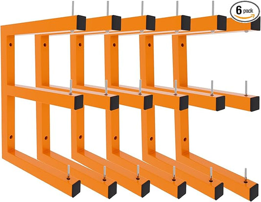 6 Pack Wall-Mounted Lumber Rack, Heavy Duty Wood Storage Racks, 9-Level System Garage Shelving, 1980 LBS Capacity Hanging Organizer Shelves, Orange Brackets Utility Metal Shelf for Indoor and Outdoor