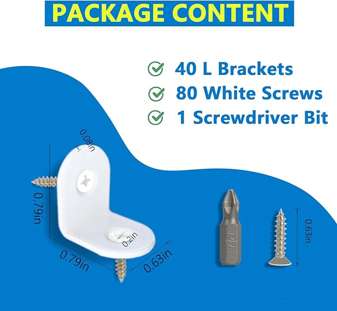 40 Pcs Small White L Brackets & 80 Pcs White Screws – 0.79x0.79 Inch Right Angle Corner Braces for Wood Furniture, Bed Frames, Cabinets, Drawers, and Chairs
