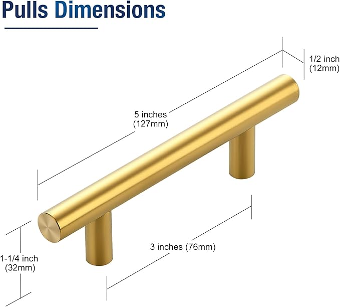 JOY DECOR 10 Pack 5 Inch Cabinet Pulls Kitchen Cabinet Handles with 3 Inch Hole Center Brushed Brass Cabinet Hardware Stainless Steel Kitchen Drawer Pulls for Cabinets Cupboard, 76mm Hole Centers