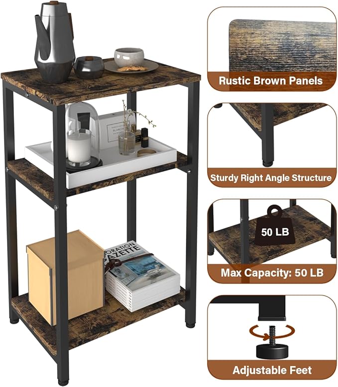 3 Tier Side Table, Heavy Duty End Table with Shelves, Narrow Nightstand for Small Spaces, Record Player Table for Bedroom, Living Room, Sofa Couch - Rustic Brown & Black