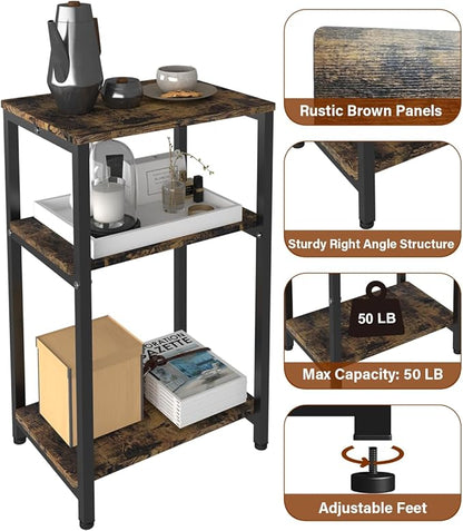 3 Tier Side Table, Heavy Duty End Table with Shelves, Narrow Nightstand for Small Spaces, Record Player Table for Bedroom, Living Room, Sofa Couch - Rustic Brown & Black