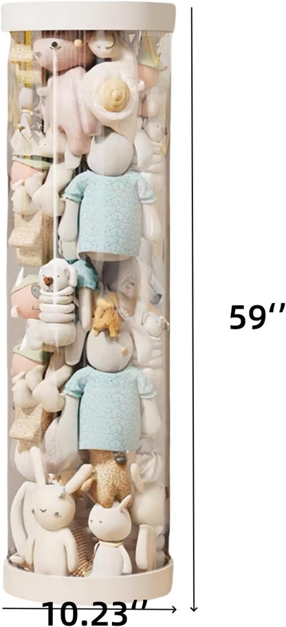 Large Stuffed Animal Storage Tube with Wheels, Tall Toy Organizer with Double Zipper, WhiteClear PET Cylinder Container for Plush Toy Organization, Space Saving Kids Room Storage