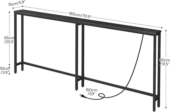 HOOBRO 70.9" Narrow Console Table with Charging Station, 5.9" Sofa Table with 2 Power Outlets and USB Ports, Long Entryway Tables Behind Couch Table, for Hallway, Livingroom, Black BB185UXG01G1