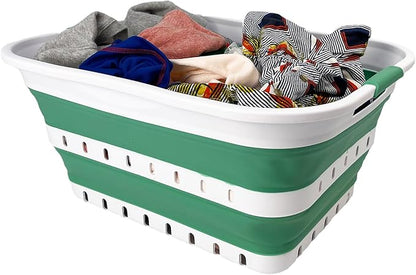 SAMMART 42L (11 gallon) Collapsible Plastic Laundry Basket - Foldable Pop Up Storage Container/Organizer - Space Saving Hamper/Basket (1, White/Winter Green)