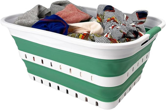SAMMART 42L (11 gallon) Collapsible Plastic Laundry Basket - Foldable Pop Up Storage Container/Organizer - Space Saving Hamper/Basket (1, White/Winter Green)