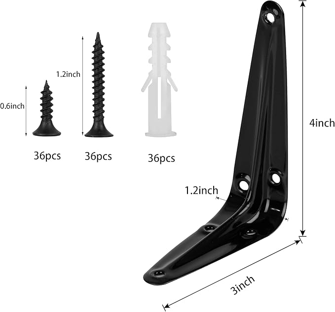12Pack Shelf Brackets Heavy Duty Black Metal Floating Shelves Bracket 4 x 3 Inch Rustic Farmhouse Decorative Iron L Bracket J Brackets Wall Joint Angel Corner Brace for Wood Shelves Hanging with Screw