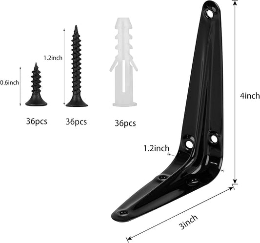 12Pack Shelf Brackets Heavy Duty Black Metal Floating Shelves Bracket 4 x 3 Inch Rustic Farmhouse Decorative Iron L Bracket J Brackets Wall Joint Angel Corner Brace for Wood Shelves Hanging with Screw