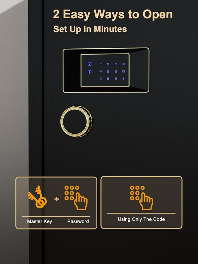 TIGERKING 7.2 Cu Ft Large Home Security Safe – Solid Steel Jewelry Cabinet, Touchscreen Keypad, Adjustable Shelves, Easy to Use, Anti-Theft Protection, Perfect for Families (Black, Classic Style)