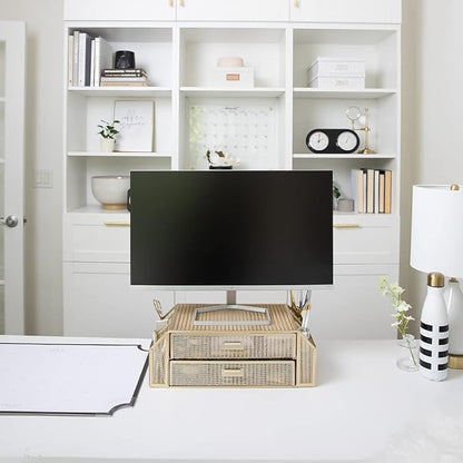 BLU MONACO | Monitor Stand with Drawer Storage | Desk Top Monitor Stand Riser Gold | Computer Support Organizer Elevador de Monitor