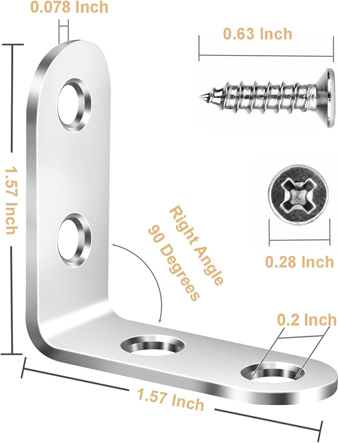 16pcs L Brackets 90 Degree Shelf Bracket Right Angle Corner Braces Stainless Steel Furniture Anchors Waterproof Mounting Fasteners with 64pcs Screws for Wood Connections and DIY Supports