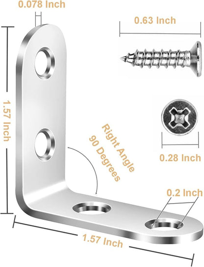 16pcs L Brackets 90 Degree Shelf Bracket Right Angle Corner Braces Stainless Steel Furniture Anchors Waterproof Mounting Fasteners with 64pcs Screws for Wood Connections and DIY Supports