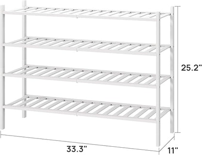 White 4-Tier Long Shoe Rack, Bamboo Wood, 33-Inch