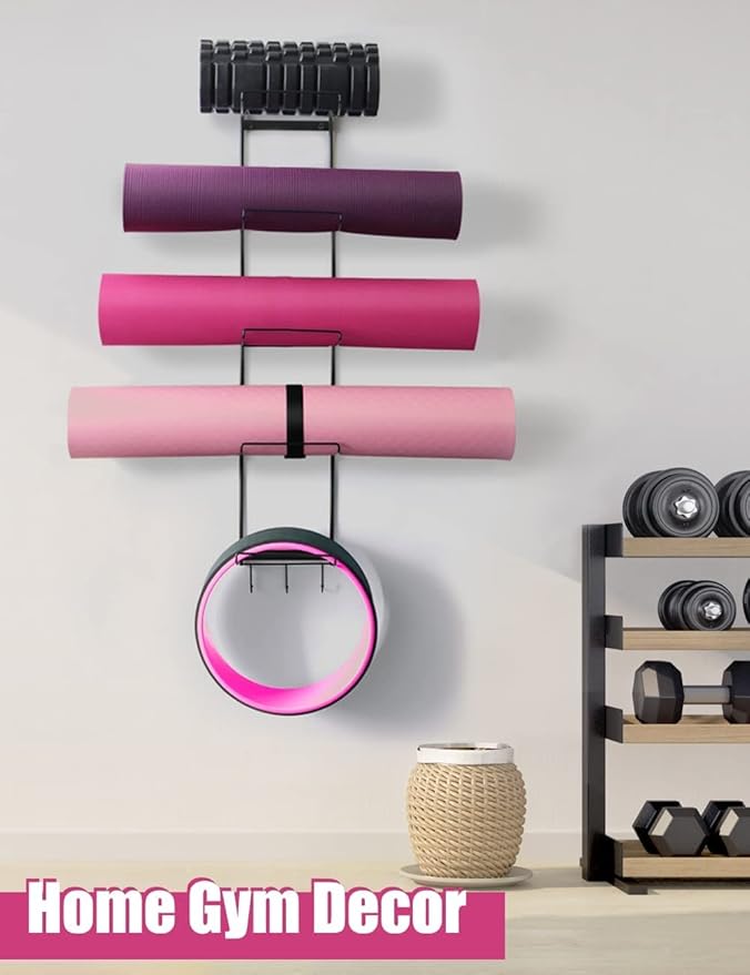 5-Tiers Yoga Mat Holder Wall Mount, Metal Storage Rack for Yoga Mat/Wheels, Foam Roller and Block etcs, Wall Rack Organizer with 3-Hooks for Hanging Stretching Strap & Resistance Bands（2 Pack）