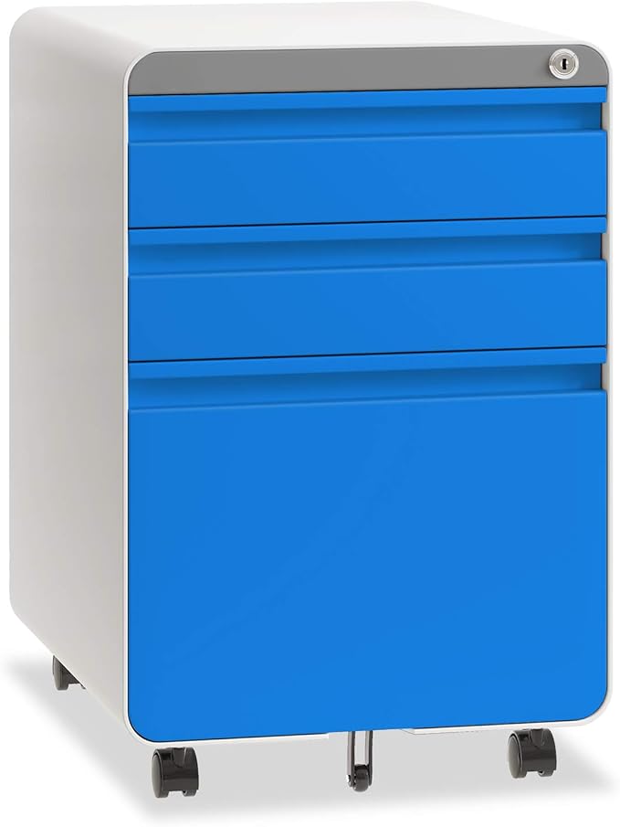 Dripex 3 Drawer File Cabinet, Metal Filing Cabinets with Lock Wheels & Hanging Rail for A4/Legal/Letter File, Anti-tilt Under Desk Design, Lockable Rolling Mobile File Cabinet for Home Office (Blue)