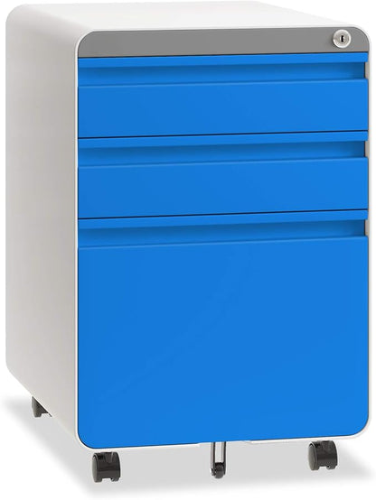 Dripex 3 Drawer File Cabinet, Metal Filing Cabinets with Lock Wheels & Hanging Rail for A4/Legal/Letter File, Anti-tilt Under Desk Design, Lockable Rolling Mobile File Cabinet for Home Office (Blue)